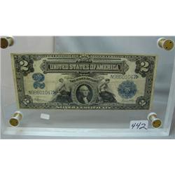 1899 $2.00 Silver Certificate F - encased in Lucite