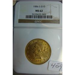 1886 $10.00 Liberty Gold Coin NGC MS62