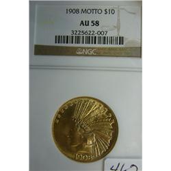 1908 Motto $10.00 Indian Head Gold Coin NGC AU58
