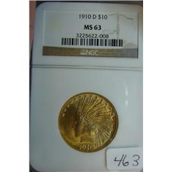 1910D $10.00 Indian Head Gold Coin NGC MS63