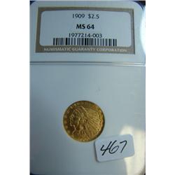 1909 $2.50 Indian Head Gold Coin NGC MS64
