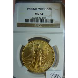 1908 No Motto $20 St. Gaudens Gold Coin NGC MS64