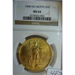 1908 No Motto $20 St. Gaudens Gold Coin NGC MS64