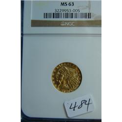 1929 $2.50 Indian Head Gold Coin NGC MS63