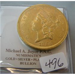 1854 $20.00 Liberty Gold Coin XF+