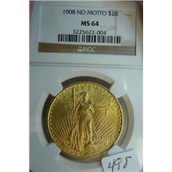1908 No Motto $20 St. Gaudens Gold Coin NGC MS64