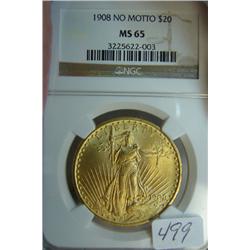 1908 No Motto $20 St. Gaudens Gold Coin NGC MS65