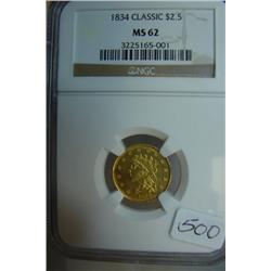 1834 Classic $2.50 Gold Coin NGC MS62