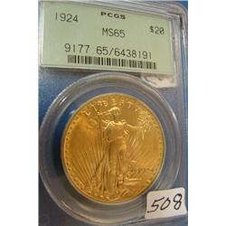 1924 $20 St. Gaudens Gold Coin PCGS MS65