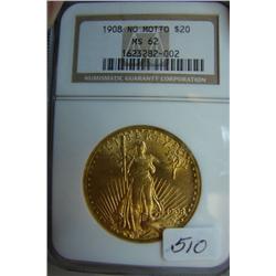 1908 No Motto $20 St. Gaudens Gold Coin NGC MS62