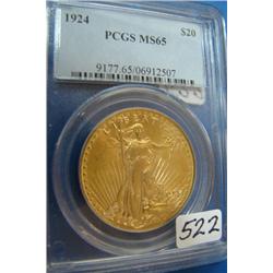 1924  $20 St. Gaudens Gold Coin PCGS MS65