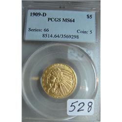 1909-D $5 Indian Head Gold Coin PCGS MS64