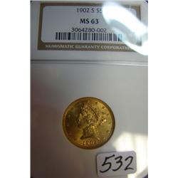 1902 $5 Liberty Gold Coin NGC MS63
