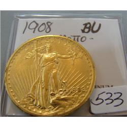 1908 No Motto $20 St. Gaudens Gold Coin BU