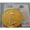 1908 No Motto $20 St. Gaudens Gold Coin BU