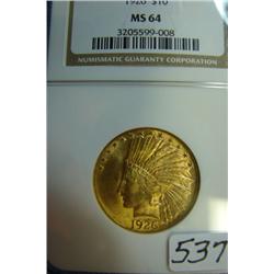 1926 $10 Indian Head Gold Coin NGC MS64