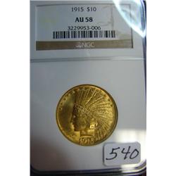 1915 $10 Indian Head Gold Coin NGC AU58