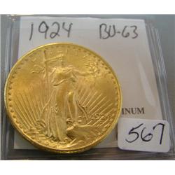 1924  $20.00 St. Gaudens Gold Coin BU 63