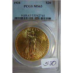 1928 $20.00 Saint Gaudens Gold Coin PCGS MS63