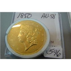 1850 $20.00 Liberty Head Gold Coin  AU 58