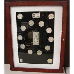 Framed Collection of Morgan Silver Dollars & Silver Bars
