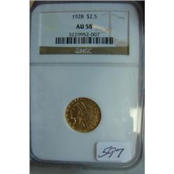 1928 $2.50 Indian Head Gold Coin NGC AU58