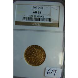 1909D $5.00 Indian Head Gold Coin NGC AU58