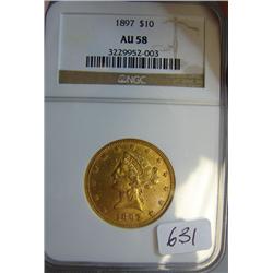 1897 $10.00 Liberty Head Gold Coin NGC AU 58