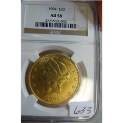 1904 $20.00  Liberty Head Gold Coin NGC AU 58