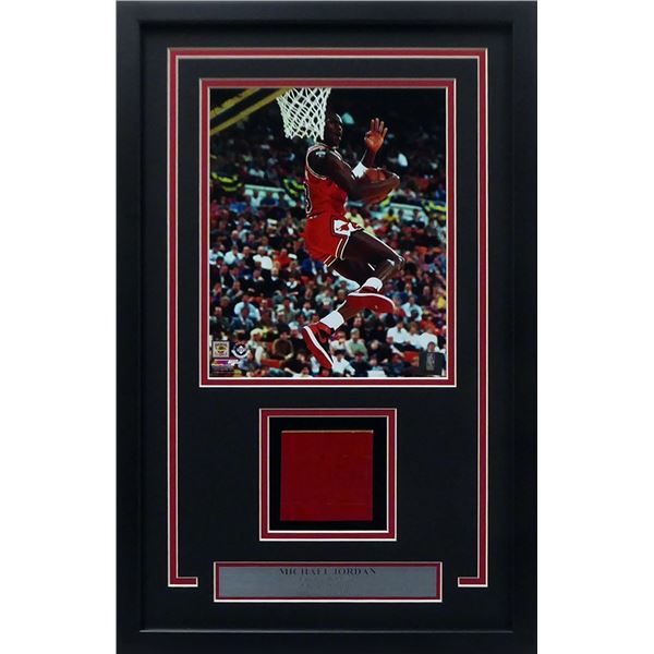 MICHAEL JORDAN FRAMED 8X10 PHOTO W/CHICAGO BULLS GAME USED RED HARDWOOD FLOOR PIECE