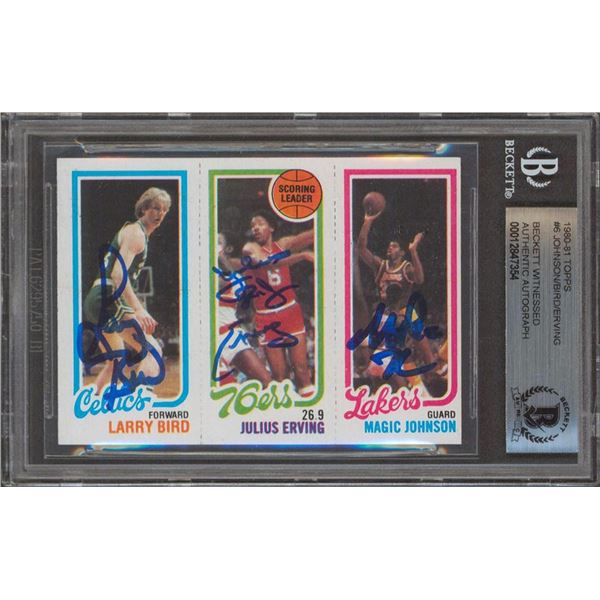 L. BIRD/M. JOHNSON/J. ERVING SIGNED 1980 TOPPS ROOKIE CARD (BGS AUTO 10)
