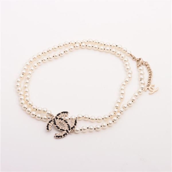 Chanel Gold-tone Rhinestone Fake Pearls CC Necklace