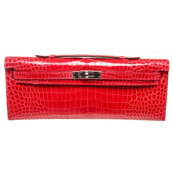 Hermes Red Electric Crocodile Kelly Cut Clutch Bag
