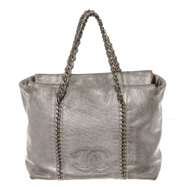 Chanel Metallic Silver CC Chain Tote Bag