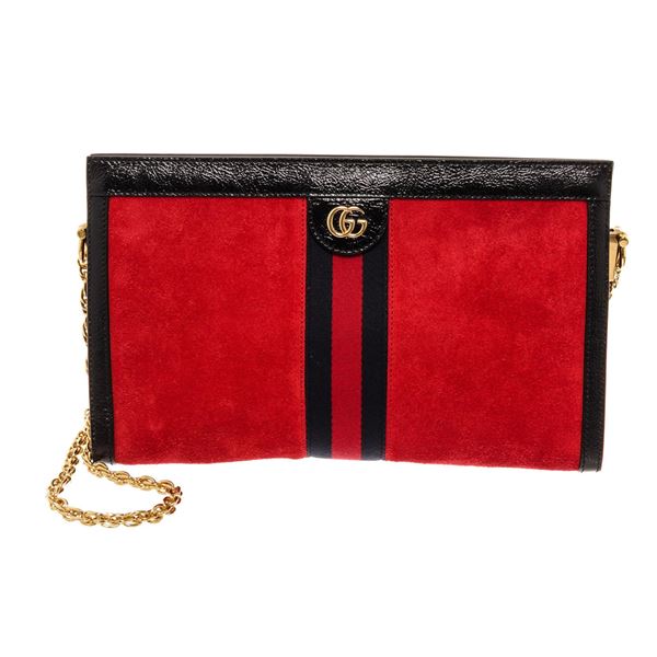 Gucci Red Suede Black Leather Ophidia Large Shoulder Bag