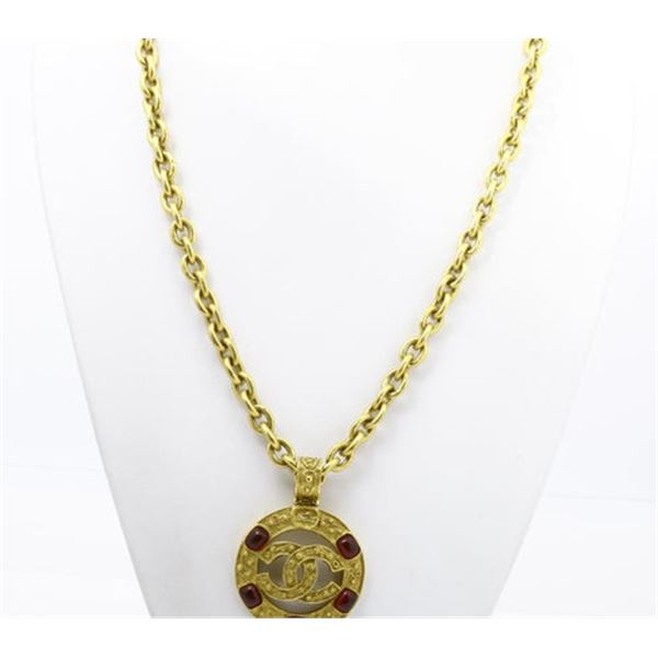 Chanel Gold-tone Metal CC Round Logo Cutout Gripoix Necklace