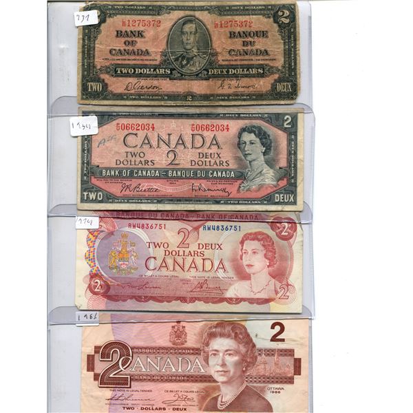 Set of (4) Canadian Two Dollar Bills (Years: 1937, 1954, 1974, 1986)