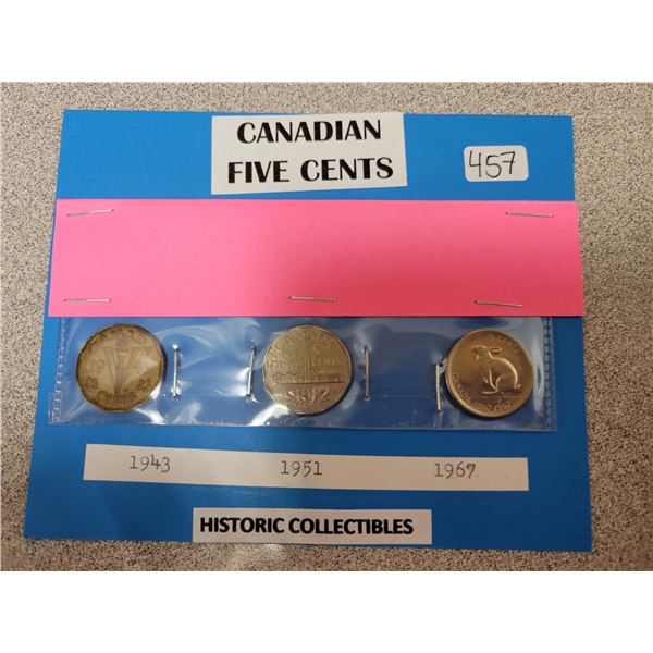 1943, 1951 & 1967 Canadian 5 Cents