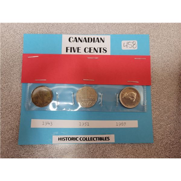 1943, 1951 & 1967 Canadian 5 Cents