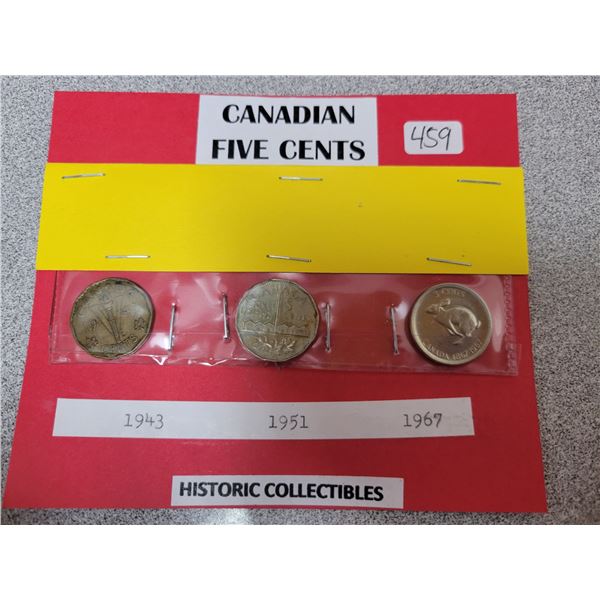 1943, 1951 & 1967 Canadian 5 Cents