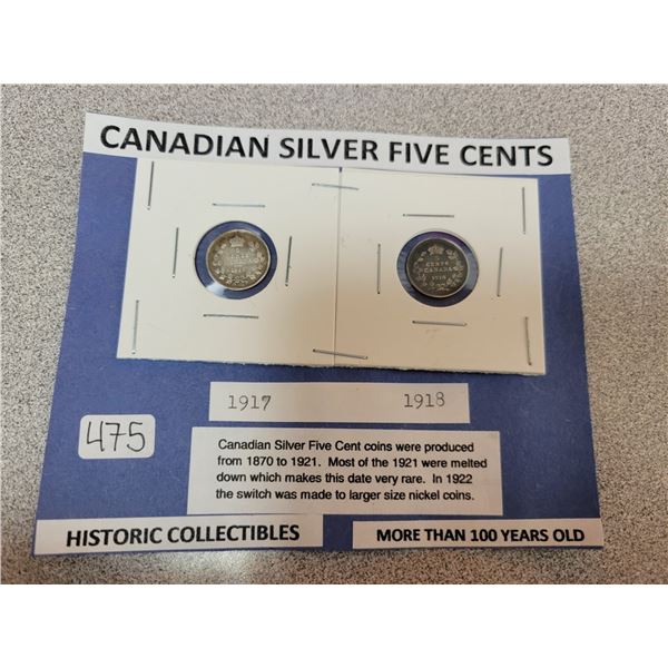 1917 & 1918 Canadian silver 5¢ five cent coins