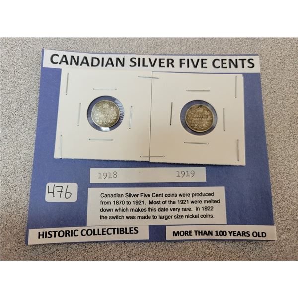 1918 & 1919 Canadian silver 5¢ five cent coins