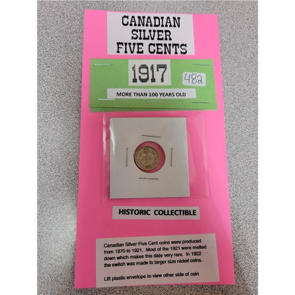 1917 Canadian silver 5¢ five cent coin