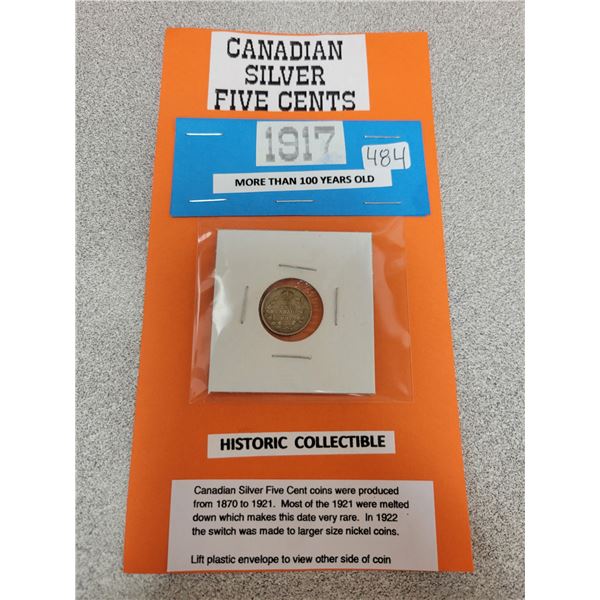 1917 Canadian silver 5¢ five cent coin