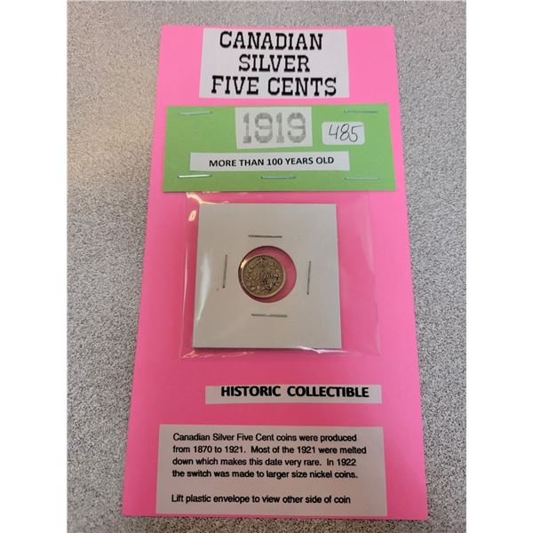 1919 Canadian silver 5¢ five cent coin