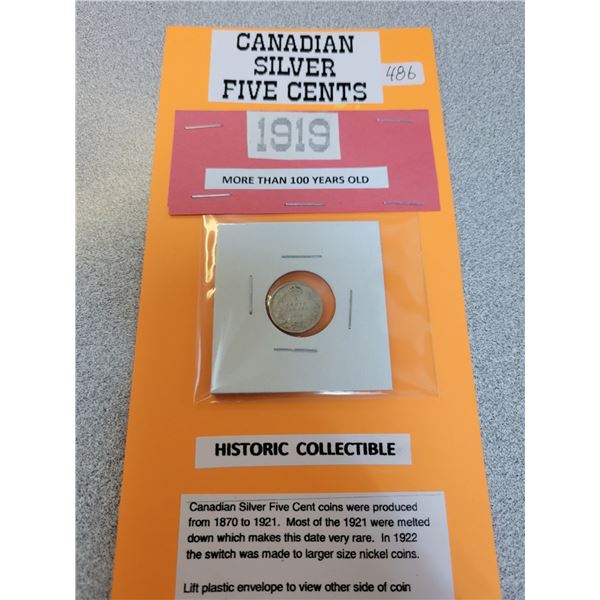 1919 Canadian silver 5¢ five cent coin