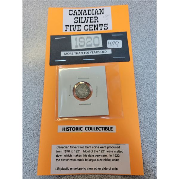 1920 Canadian silver 5¢ five cent coin