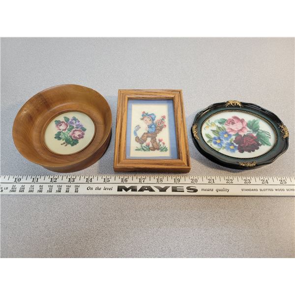 Three needlework framed pictures