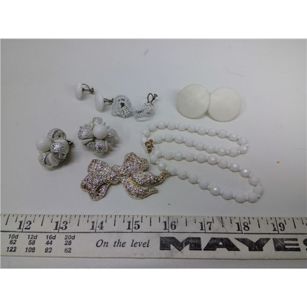 Vintage White Jewelry, Glass Bead Necklace, Broach, 3 Sets Screw Back Earrings + 1 Set Clip