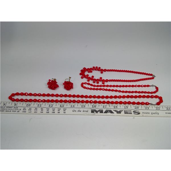 (3) Red Glass Bead Necklaces + (1) Screw Back Earring Set